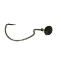 Close-up of a dark metallic fishing hook with a round weighted head, part of the Picasso Lures Fantasy Swinger 2pk fishing lures, designed for musky fishing tackle.