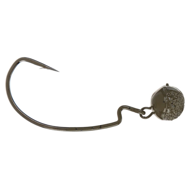 Close-up of a single greenish fishing hook with a textured weighted head, part of the Picasso Lures Fantasy Swinger 2pk fishing tackle set designed for musky fishing.