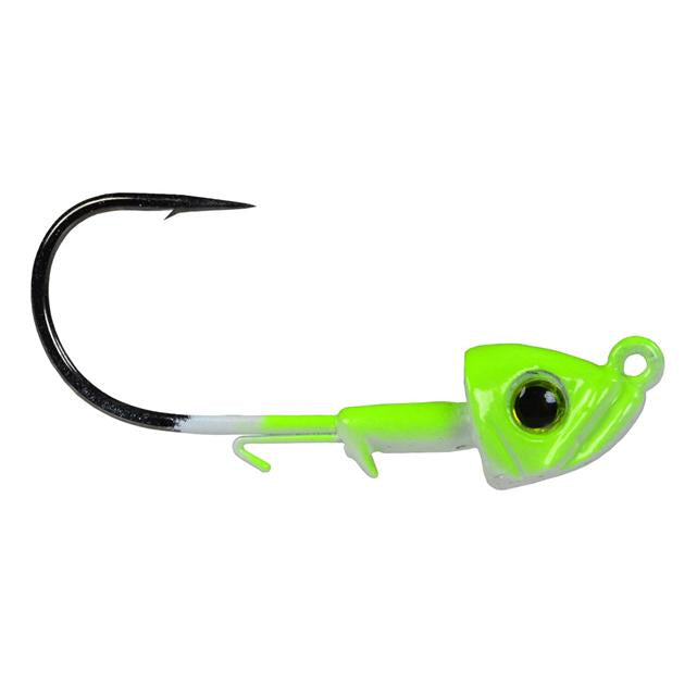 Picasso Lures Smart Mouth Plus Fish Head Jig with a bright chartreuse and white fish head, painted eyes, and a sharp black hook designed for effective fishing tackle use.