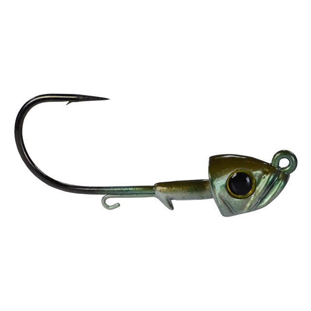 Picasso Lures Smart Mouth Plus Fish Head Jig fishing lure with a detailed greenish fish head design and sharp single hook for effective fishing tackle.
