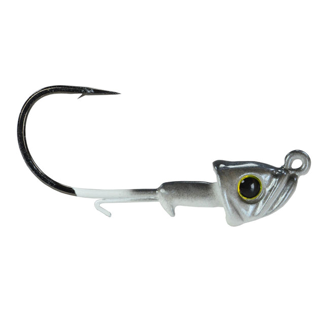 Picasso Lures Smart Mouth Plus Fish Head Jig in silver and black with detailed eyes and a sharp hook, designed for effective fishing tackle use.