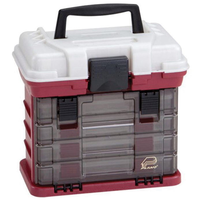 Plano 4-By Rack System storage container in maroon and white with a black handle, featuring multiple clear compartments for organizing fishing tackle and gear.