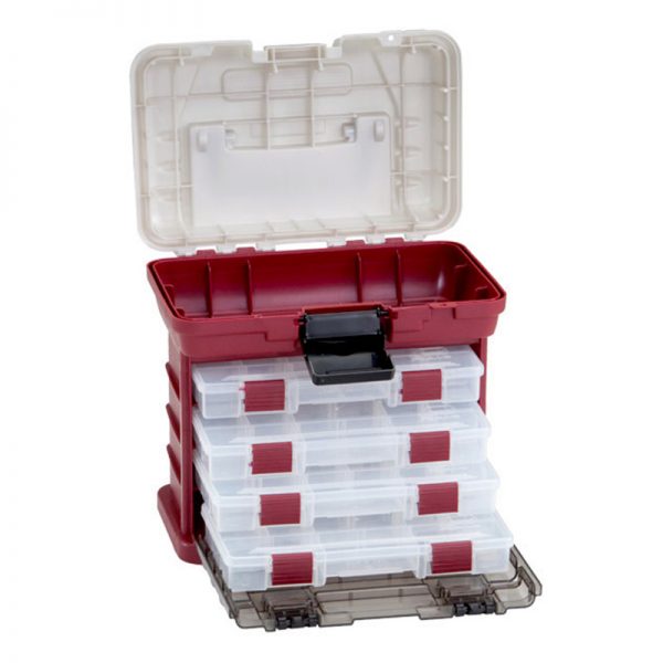 Plano 4-By Rack System fishing tackle box with a red body, translucent top lid, and four clear stackable storage trays for organizing fishing lures and gear.