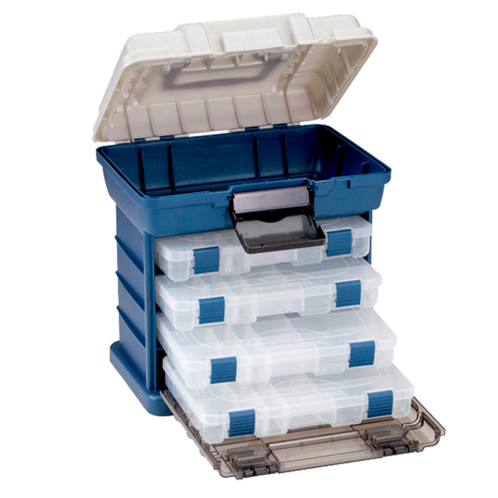 Plano 4-By Rack System features a durable blue and beige tackle box with four transparent storage trays for organized fishing tackle and gear.