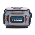 Plano Atlas Series Tackle Bag in gray with black and blue accents, featuring multiple compartments, sturdy handles, and secure closures for organized fishing tackle storage.
