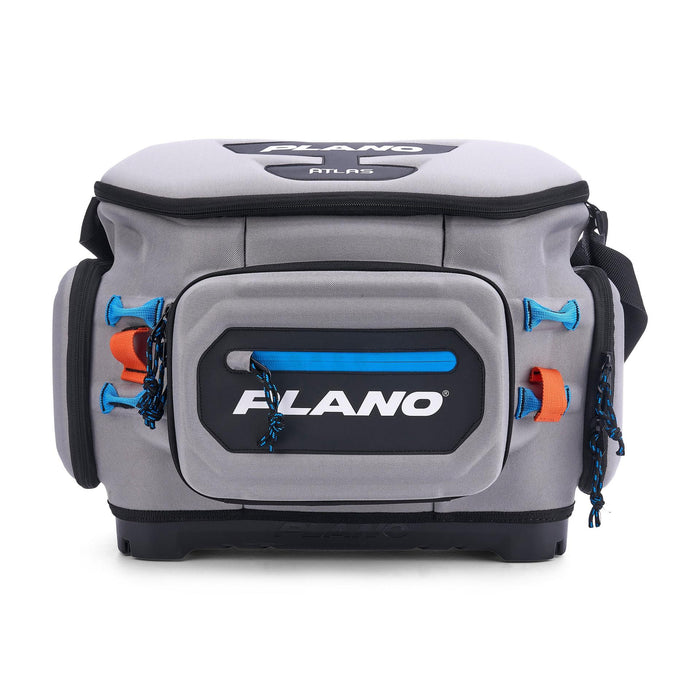 Plano Atlas Series Tackle Bag in gray with black and blue accents, featuring multiple compartments, sturdy handles, and secure closures for organized fishing tackle storage.