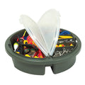 Plano Bucket Topper - 725-001 featuring a round, olive green fishing tackle organizer with two clear hinged lids revealing compartments filled with fishing lures, hooks, floats, and other fishing accessories.