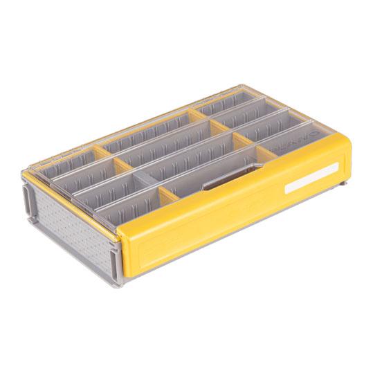 Plano EDGE 3700 Deep Box with a clear lid and yellow accents, featuring multiple adjustable compartments for organized fishing tackle storage.