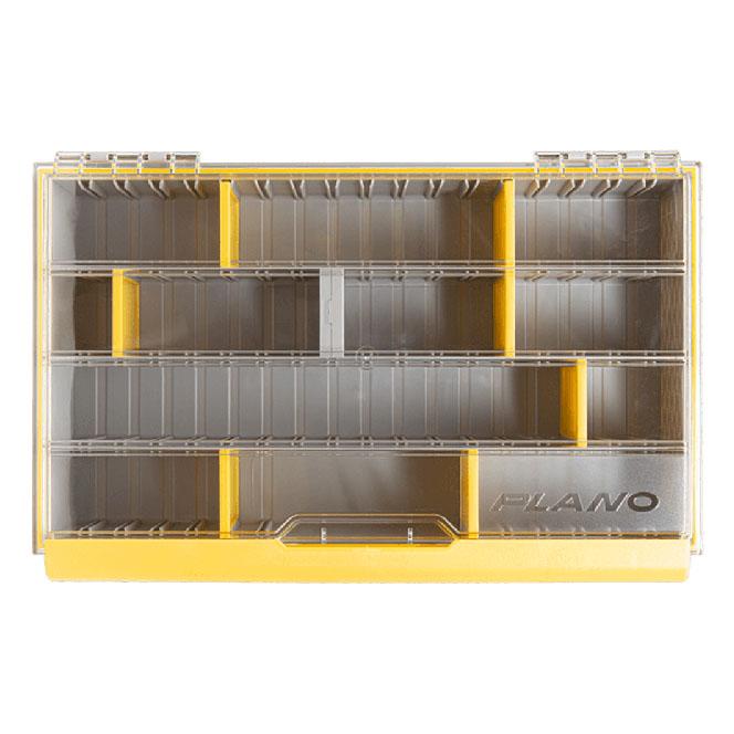 Plano EDGE 3700 Deep Box with multiple adjustable compartments in yellow and clear plastic for organized fishing tackle storage and easy access.