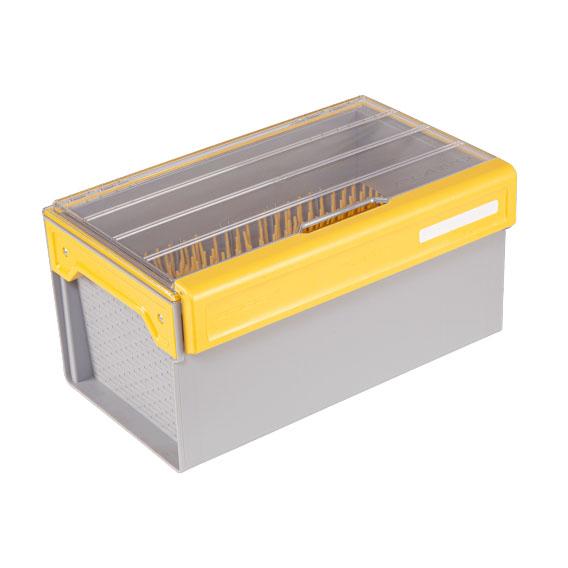 Plano EDGE Crank XL Box storage container with a gray base, yellow latch, and transparent lid, designed for organizing fishing tackle and lures efficiently.