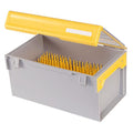 Plano EDGE Crank XL Box open to show yellow interior with multiple upright spikes for secure fishing tackle organization, featuring a gray exterior and yellow lid.