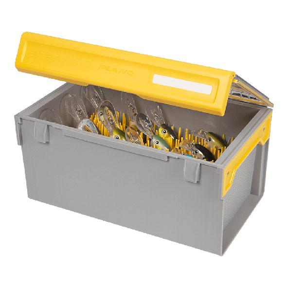 Open gray and yellow Plano EDGE Crank XL Box filled with organized fishing lures, designed for convenient fishing tackle storage and management.