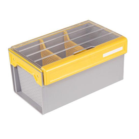 Plano EDGE Plastics Box in gray with a yellow latch and transparent lid, designed to organize fishing tackle and accessories for anglers.