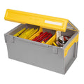 Plano EDGE Plastics Box with a yellow lid open to reveal organized compartments containing fishing tackle such as lures and spools of line inside a gray plastic storage box.