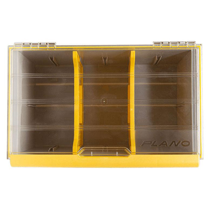 Plano EDGE Plastics Box featuring a clear lid and yellow base with adjustable compartments for organized fishing tackle storage and easy access.