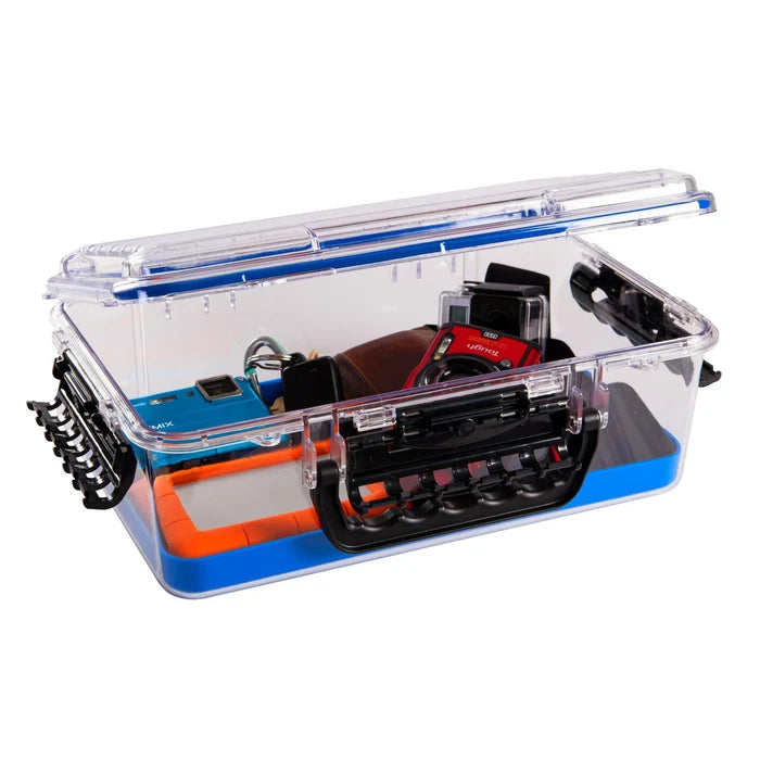 Plano Guide Series - 3700 Waterproof Case with clear durable construction, secure black latches, and blue interior base, shown open with fishing electronics and gear inside.