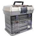 Plano Guide Series Stowaway Rack System fishing tackle storage box with a beige lid, black handle, clear front compartment, and secure latches for organizing fishing gear.