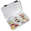 Plano Hydro-Flo Stowaway Tackle Box open to show clear plastic compartments organizing colorful fishing lures, designed for convenient fishing tackle storage and transport.