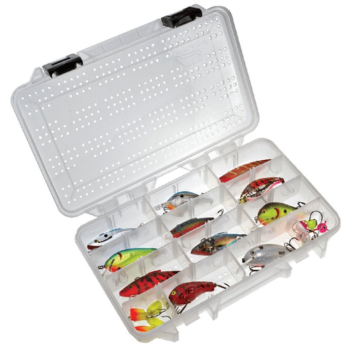 Plano Hydro-Flo Stowaway Tackle Box open to show clear plastic compartments organizing colorful fishing lures, designed for convenient fishing tackle storage and transport.