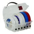 Plano Prolatch Leader Spool Box showing a clear plastic storage case with multiple round spools in different colors neatly organized inside, designed for fishing tackle organization.