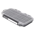Plano Rustrictor Stowaway Boxes shown closed with a clear, hinged lid and a dark gray base featuring multiple adjustable compartments for organized fishing tackle storage.