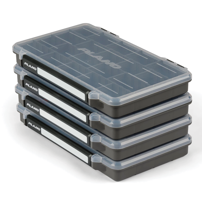 Stack of four gray and clear plastic Plano Stowaway Box - 4 Pack with multiple compartments for organizing fishing tackle and lures, designed for durable outdoor use.