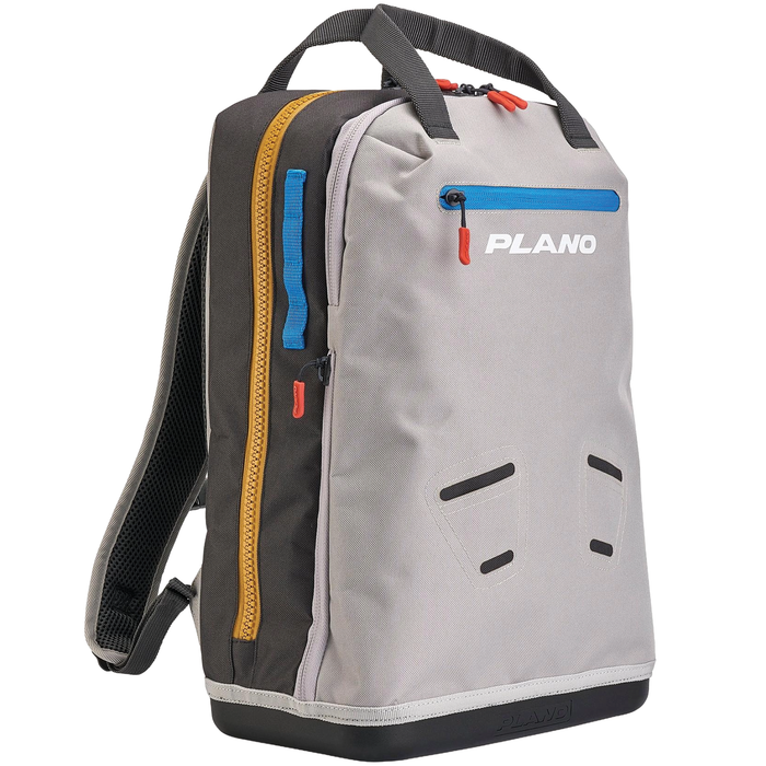 Gray and black Plano Weekend Series Tackle Backpack with blue and orange zipper accents, padded shoulder straps, and multiple compartments for fishing tackle storage.