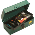 Green Plano Youth Tackle Box with an open lid revealing multiple compartments storing fishing lures, bobbers, hooks, and other fishing tackle essentials.