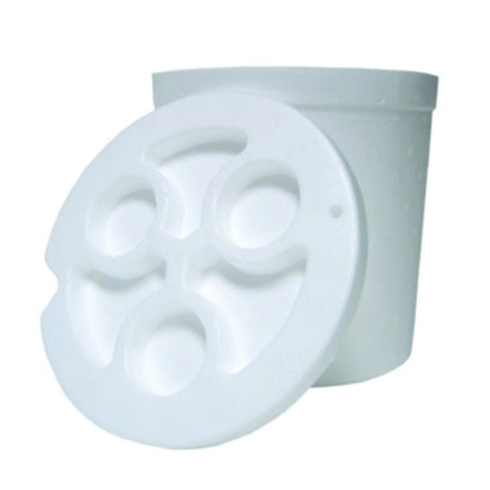 White Plastilite 5gal Bucket Liner made of durable foam with a fitted lid featuring multiple circular compartments, designed for fishing tackle and gear organization.