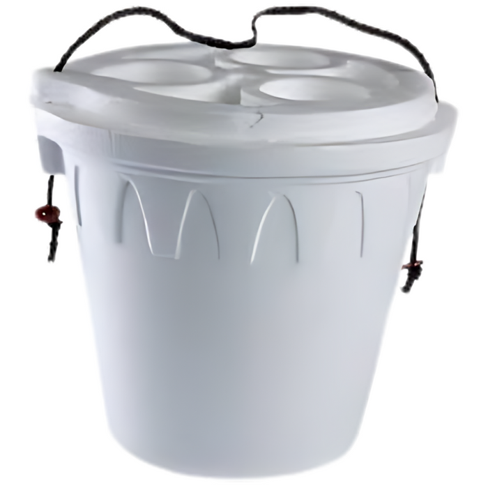 Plastilite 6QT Bucket in white plastic with a fitted lid featuring circular indentations and a black rope handle with wooden beads for carrying.