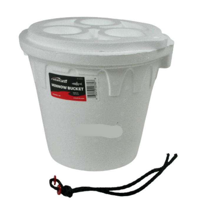 Plastilite 8QT Bucket made of white insulated material with a secure lid and attached black rope handle, designed for storing live bait or fishing tackle.