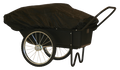 Black protective cover secured over a large utility cart with metal frame and two spoked wheels shown on white background, designed for outdoor use and referred to as Polar Cargo Covers.