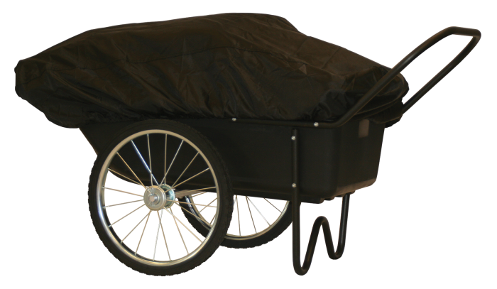 Black protective cover secured over a large utility cart with metal frame and two spoked wheels shown on white background, designed for outdoor use and referred to as Polar Cargo Covers.