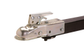 Close-up of a metal hitch coupler attached to a black steel trailer tongue, part of the Polar Coupler Kit for secure towing connections in fishing and marine applications.