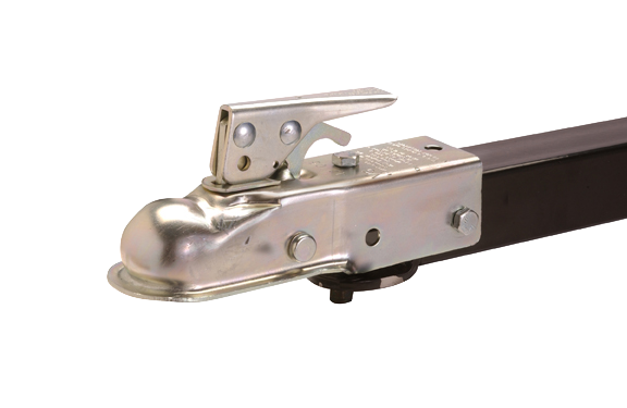 Close-up of a metal hitch coupler attached to a black steel trailer tongue, part of the Polar Coupler Kit for secure towing connections in fishing and marine applications.
