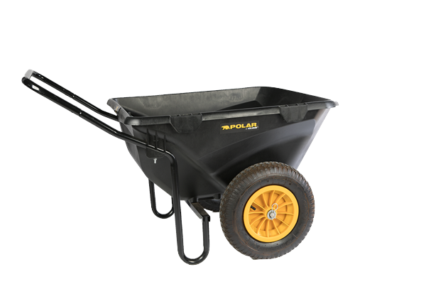 Polar Cub Cart featuring a sturdy black plastic tub with yellow logo, supported by a durable black metal frame and large rugged yellow wheel for easy transport.