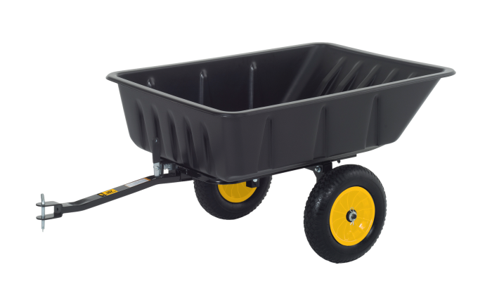 Polar LG Trailers utility trailer with a black large capacity plastic bed and yellow wheels, designed for hauling gear and equipment efficiently.