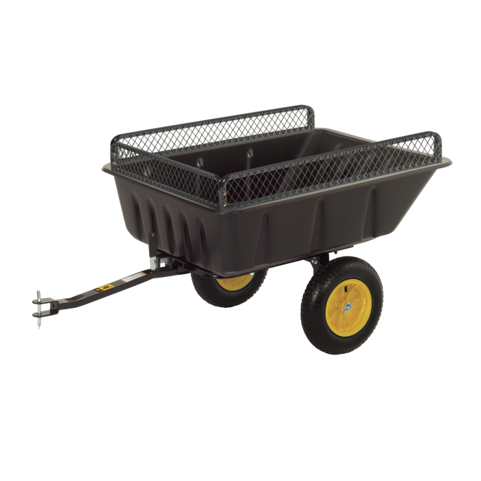 Polar Side Racks utility cart with black plastic tub, mesh side rails, two large yellow-rimmed wheels, and a towing handle, designed for easy transport of fishing tackle and gear.