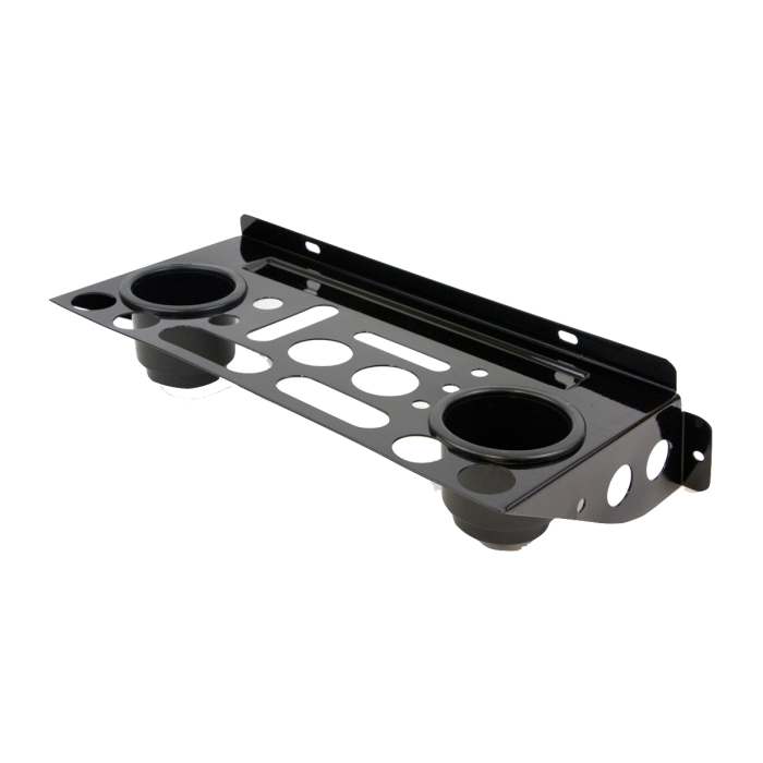 Polar Tool Organizer made of black metal with multiple circular and rectangular cutouts for holding tools, featuring two built-in cup holders and mounting holes for attachment.