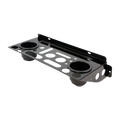 Polar Tool Organizer made of black metal with multiple circular and rectangular cutouts for holding tools, featuring two built-in cup holders and mounting holes for attachment.