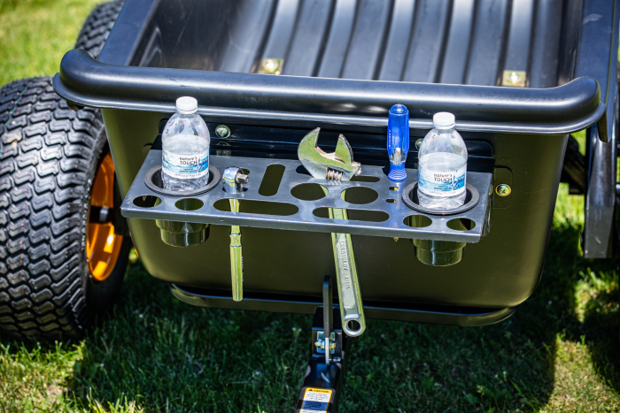 Polar Tool Organizer mounted on a utility cart holding two water bottles, a wrench, a screwdriver, and small tools, designed for easy access and organization outdoors.