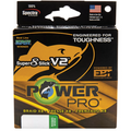 Packaging of Power Pro SSV2 fishing line in aqua green color, featuring Super 8 Slick V2 technology and engineered for toughness with braided X8 construction.