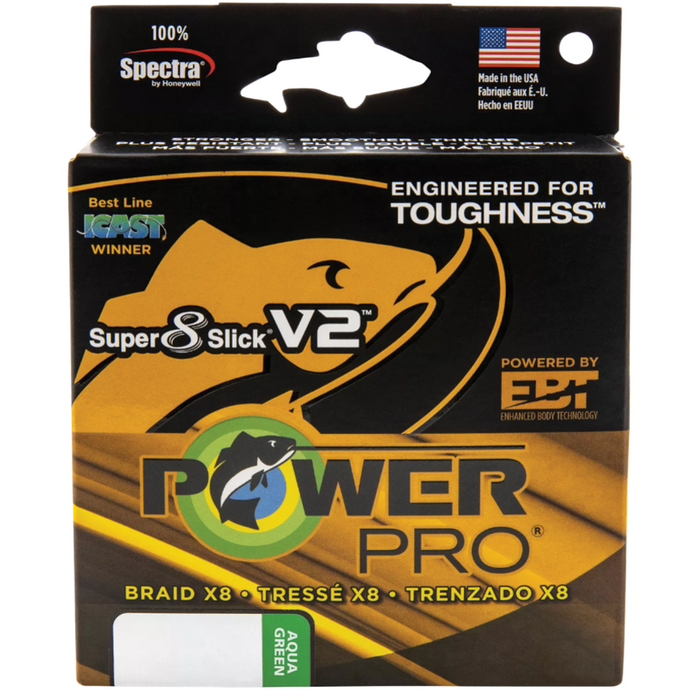 Packaging of Power Pro SSV2 fishing line in aqua green color, featuring Super 8 Slick V2 technology and engineered for toughness with braided X8 construction.