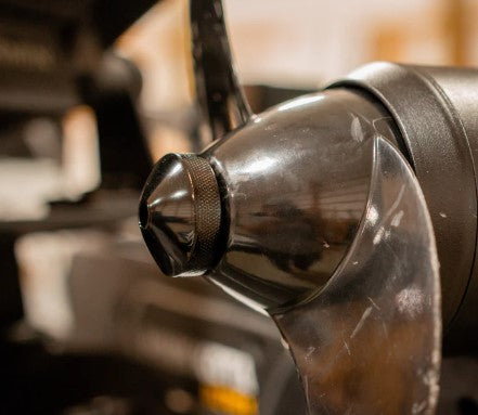 Close-up view of a black trolling motor propeller with a tightly secured Precision Sonar Trolling Motor Prop Nut - Minn Kota Quest PN:PNMKQ-BLK, used in fishing tackle and marine electronics.