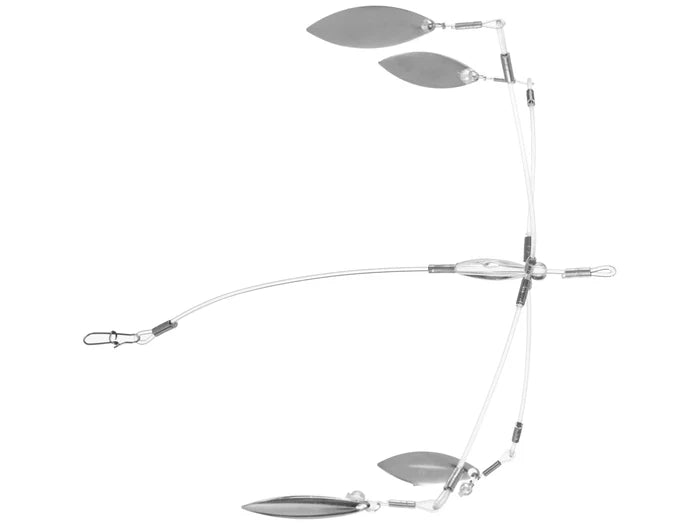 Quad Hover Rig fishing lure featuring multiple silver spinner blades and wireframe construction designed for musky fishing tackle.