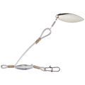 Quad Solo Spin fishing lure with metal blade spinner, clear plastic body, wire frame, and snap swivel designed for musky fishing tackle.