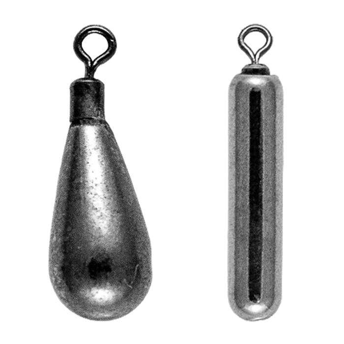 Two Queen Tackle Tungsten Dropshot Weights displayed side by side, one shaped like a teardrop and the other cylindrical, each with a metal swivel loop for fishing tackle use.