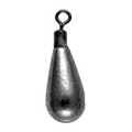 Close-up of a metallic teardrop-shaped fishing weight with a swivel attachment, designed for precise casting and stability in water, Queen Tackle Tungsten Dropshot Weights.