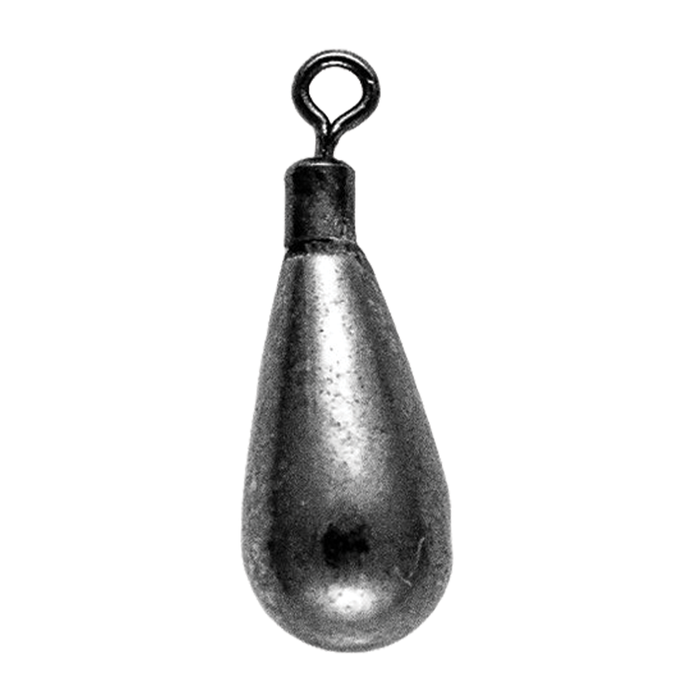 Close-up of a metallic teardrop-shaped fishing weight with a swivel attachment, designed for precise casting and stability in water, Queen Tackle Tungsten Dropshot Weights.