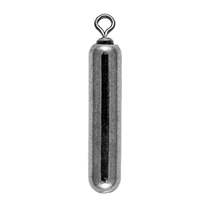 Queen Tackle Tungsten Dropshot Weights, cylindrical polished metallic fishing weight with attached loop for secure line attachment, designed for precise fishing tackle use.